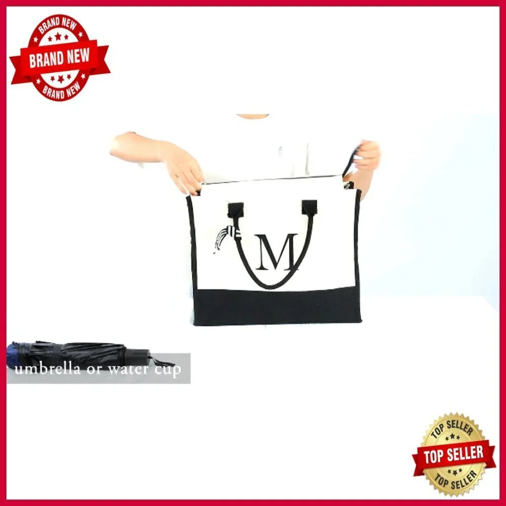 Personalized Initial Canvas Tote Bag Set with Makeup Bags, Zipper Closure